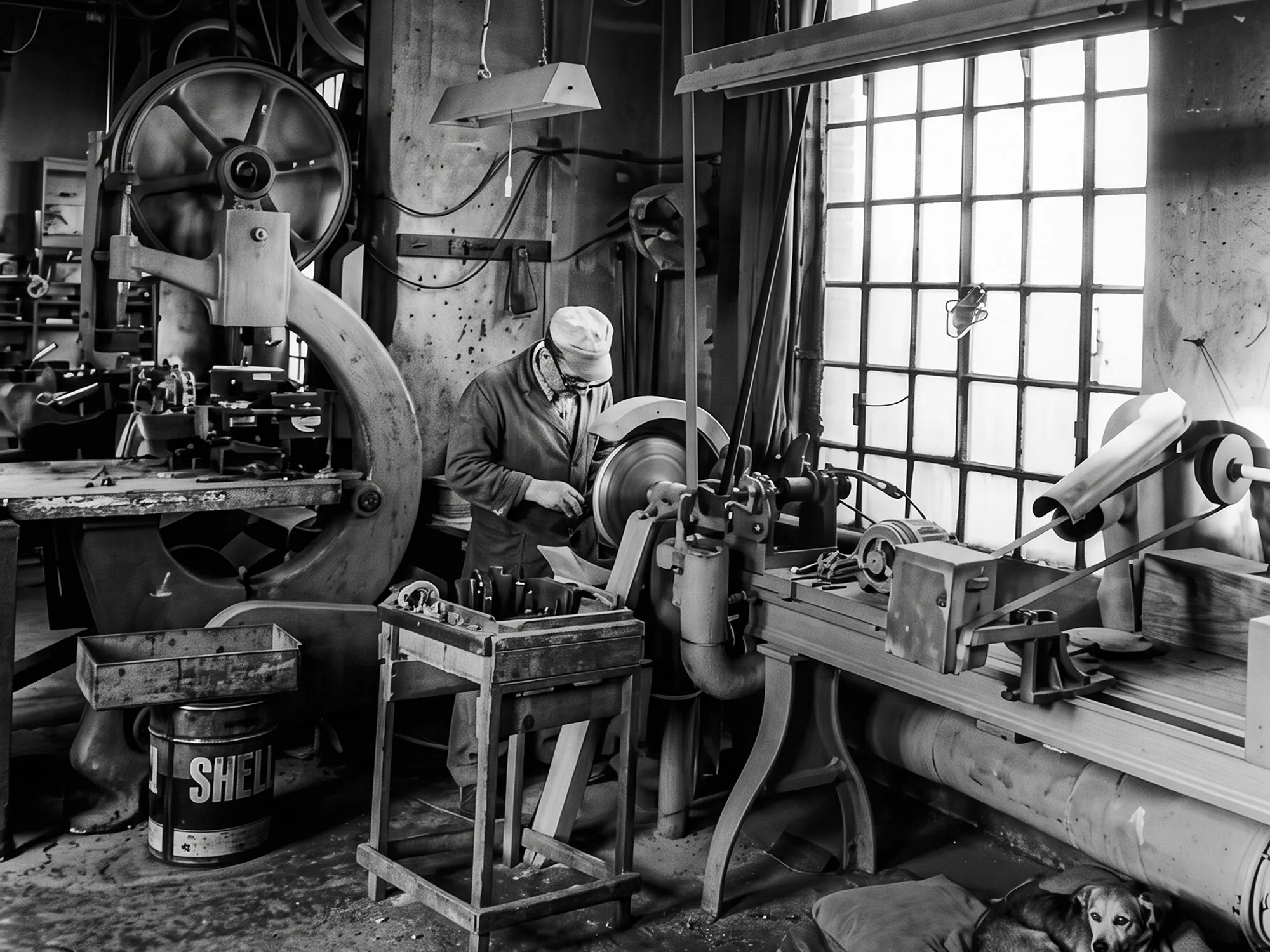 Officina Macchi con macchinari d’epoca, foto storica