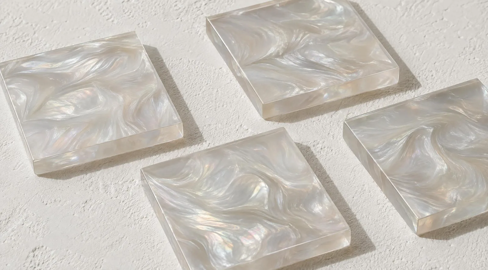 Pearlescent acrylic tiles with iridescent veining